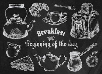 chalk drawing breakfast illustration. toaster, bread, toast, apple, fruit, coffee pot, kettle, sandwich, snacks, milk pot, mug, cup, croissant, kettle, spoon, dessert on the chalkboard background