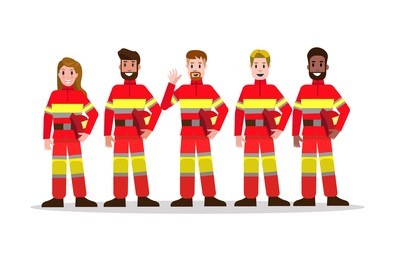 sets of firefighting team. flat fireman character design. vector illustration
