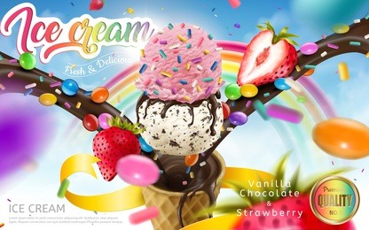 colorful ice cream cone ads, rainbow jimmies, chocolate and strawberry toppings floating in the blue sky, 3d illustration for summer