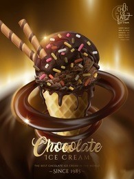 premium chocolate ice cream cone with rainbow jimmies and wafer stick in 3d illustration, isolated on bokeh background
