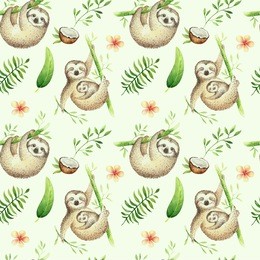 baby animals sloth nursery isolated seamless pattern. watercolor boho tropical drawing, child tropical drawing cute palm tree leaves, tropic green texture,exotic flower. aloha backgraund