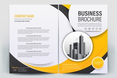 vector brochure layout, flyers design template, company profile, magazine, poster, annual report, book & booklet cover, with  orange geometric, and cityscape vector in background elements, in size a4.