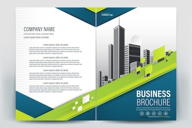 vector brochure layout, flyers design template, company profile, magazine, poster, annual report, book & booklet cover, with  green geometric, and cityscape vector in background elements, in size a4.