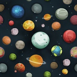 seamless planets and asteroid background/
illustration of a set of a seamless space background, various comic planets, moons, asteroid and earth globes