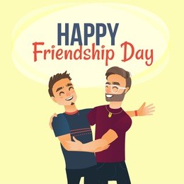 happy friendship day greeting card design with two men, friends hugging each other, cartoon vector illustration on white background. half length portrait of male friends, friendship day greeting card