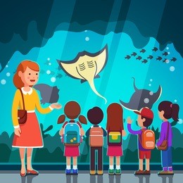group of kids girls, boys watching crampfish at oceanarium aquarium excursion with woman teacher. school or kindergarten students with backpacks on filed trip together. flat style vector illustration.