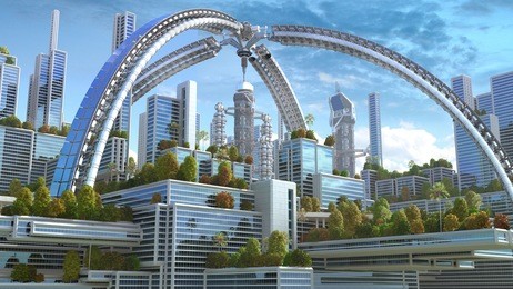3d illustration of a futuristic "green" city with an arched structure and highrise buildings with terraces covered in vegetation, for environmental architecture backgrounds. 