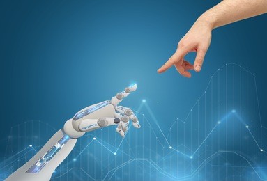 science, future technology and progress concept - human and robot hands reaching to each other