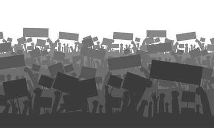 silhouette of cheering or protesting crowd with flags and banners. protest, revolution, conflict. vector illustration