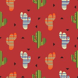cactus plant vector seamless pattern. mexican style color cacti textile print. ethnic surface print on dark red wallpaper background.