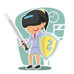 indian businesswoman with vr headset holding shield and sword