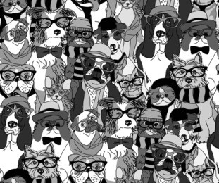 fashion cats and dogs in glasses gray scale seamless pattern. monochrome vector illustration. eps8