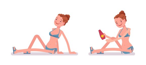 young slim woman in swimming bikini, tanned complexion, enjoying summer resort, sitting napping in sun, bathing, applying sunscreen. vector flat style cartoon illustration, isolated, white background