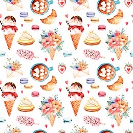 watercolor sweets background with ice cream,cupcake,croissant,bouquet in waffle corne,multicolored macaroons,strawberry,letter,cup with coffee and marshmallows.waterclolor texture with food and drink