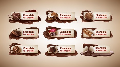 set of vector illustrations, banners with chocolate sweets, cocoa beans and melted chocolate. template, design element for packaging and advertising, badges, stickers