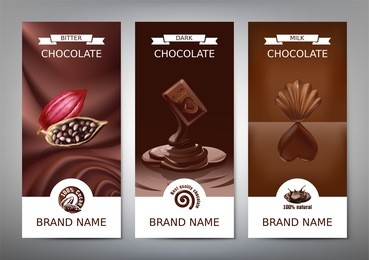 set realistic vector vertical banners with milk, dark and bitter chocolate. template, design element for packaging with melted chocolate