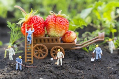 a conceptual agricultural photo with working toy people. selective focus.