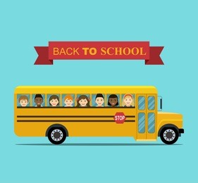 kids ride to school.  school  bus with smiling faces in windows. vector flat illustration