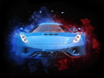 royal blue supercar - particle color splash illustration - 3d illustration