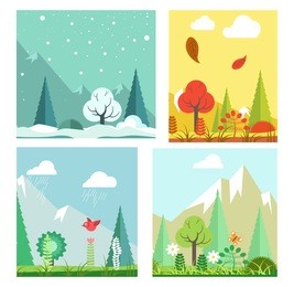 four seasons nature landscape winter, summer, autumn, spring vector flat scenery