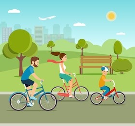 young father mother and  son ride the bike in the park. active family  riding on bicycles in the park. flat vector illustration