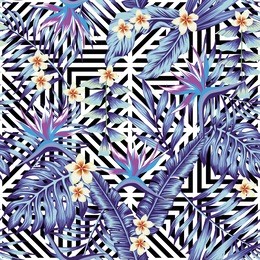 abstract tropical plants and flowers seamless vector pattern blue style geometric black white background