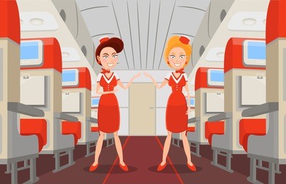 flight attendants greet passengers on board. vector illustration
