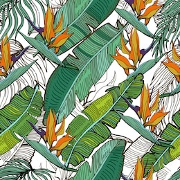 seamless background with banana leaves and tropical flowers. jungle pattern  for textile or book covers, manufacturing, wallpapers, print, gift wrap and scrapbooking.