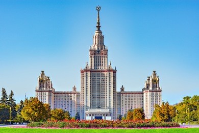 lomonosov moscow state university. it was founded in 1755 by mikhail lomonosov. russia.