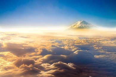 clouds sky skyscape and fuji mountain. view from the window of an airplane flying in the clouds, top view clouds like  the sea of clouds sky background,  aerial view background, yamanashi, japan