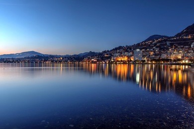 montreux waterfront at sunset, switzerland