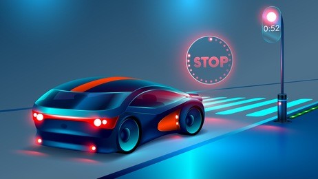 the car stopped at a red light before the pedestrian crossing. in front of the car illuminates the hologram of a stop sign. crosswalk or junction. futuristic concept of road safety. vector