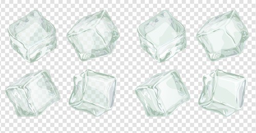 ice cubes set  isolated on white background. transparent and opaque frozen water block vector iilustration for cocktails and cool drinks