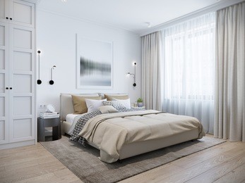 urban contemporary modern scandinavian bedroom interior design. mock up gray and white wall. 3d rendering.