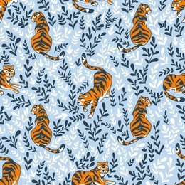 vector seamless pattern with tigers isolated on the floral background. animal background for fabric or wallpaper boho design.