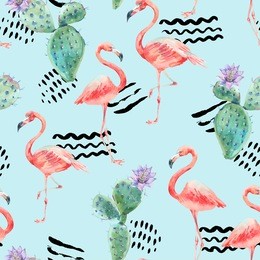 watercolor pink flamingo and tropical flowers seamless pattern with abstract watercolor stains. hand painted exotic floral cactus illustration, birds on blue background. 