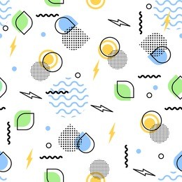 geometric seamless vector pattern with nature elements in the light colors. memphis style  background for web, textile and typography.