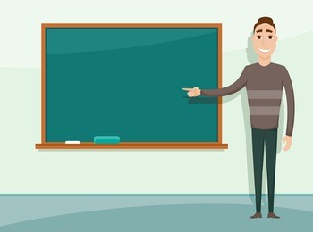 smiling teacher standing in front of blackboard. teacher teaching student in classroom at school, college or university.