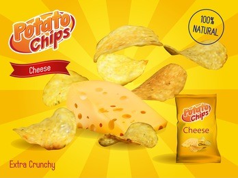 vector design template for chips advertising. package with place for design. cheese chips on light background. 3d illustration