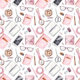 seamless pattern with office business stationery. notebook, tablet, glasses, coffee cup, envelope, pen, pencil. watercolor background