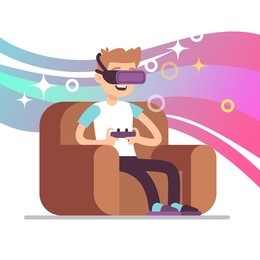 virtual reality gaming vector concept with guy playing with vr headset. vr headset for reality virtual gaming illustration