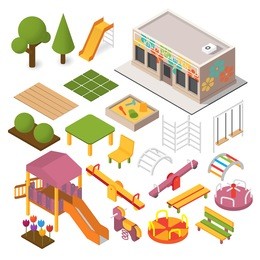 vector isometric kindergarten preschool. kids playground. 3d building icon set