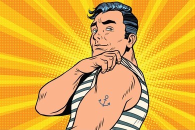 sailor with tattoo on hand. pop art retro comic book  illustration