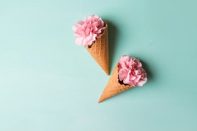 pink carnations in waffle cones on a green background. 