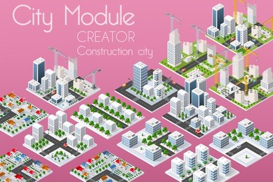 city module creator isometric concept of urban infrastructure business. vector building illustration of skyscraper and collection of urban elements architecture, home, construction, block and park