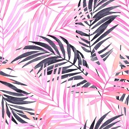watercolor tropical leaves seamless pattern. watercolour pink colored and graphic palm leaf painting. hand painted art illustration for summer design. water color exotic background.