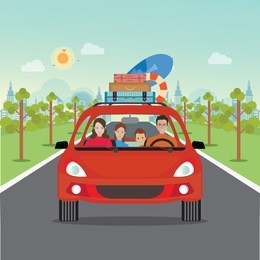 happy family driving in red car on weekend holiday, planning summer vacations, travel by car, summer holiday,tourism and vacation theme. flat design vector illustration.