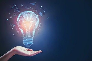 hand holding abstract glowing polygonal lamp made of connected points on dark background. knowledge concept. 3d rendering 
