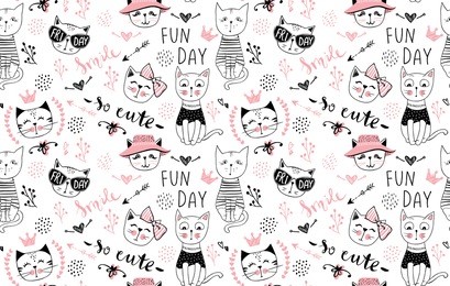 vector fashion cat seamless pattern. cute kitten illustration in sketch style. cartoon animals background. doodle kitty. ideal for fabric, wallpaper, wrapping paper, textile, bedding, t-shirt print.