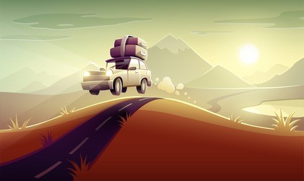 vacation drive trip by car among mountains and hills. family travel retro transport vehicle on road route driving with luggage suitcases and trunks at roof. eps10 vector illustration.